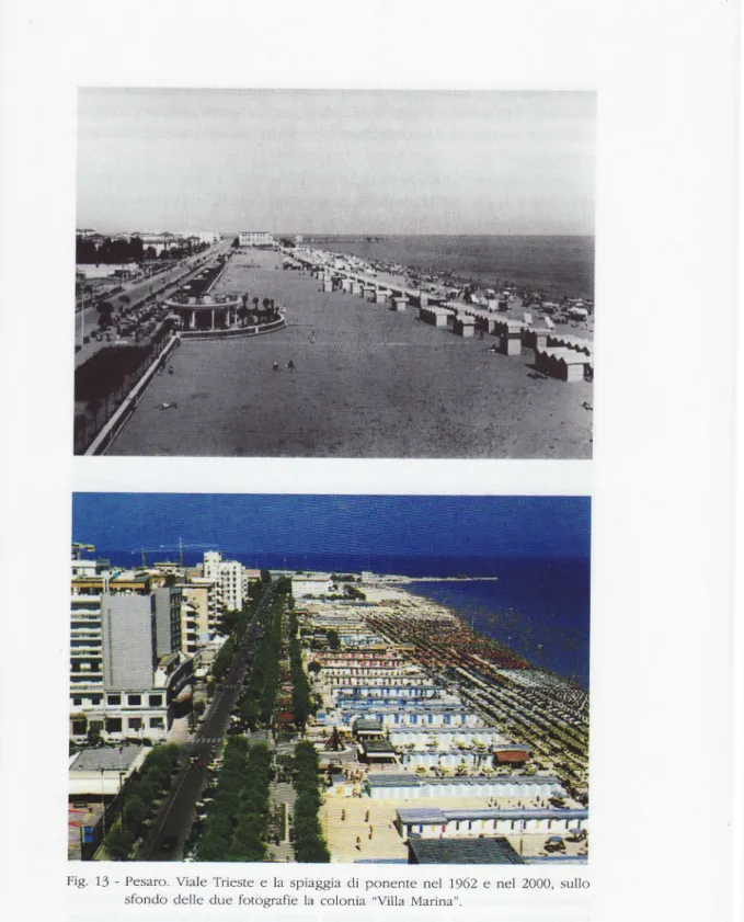 Fig. 13 - Pesaro. Viale Trieste e  la spiaggia di  ponente  nel  1962 e nel  2000, sullo sfondo  delle  due  fotografie  la  colonia  &#34;Villa  Marina,,.