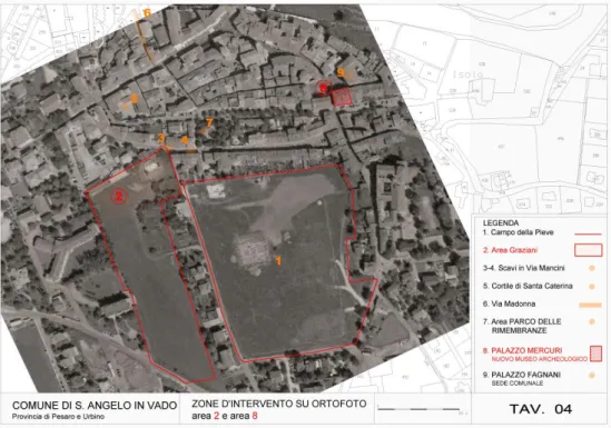 Fig. 1. Sant’Angelo in Vado: Zone di intervento su ortofotocarta e mappa catastale dell’area  archeologica di Tifernum Mataurense (elaborazione: W
