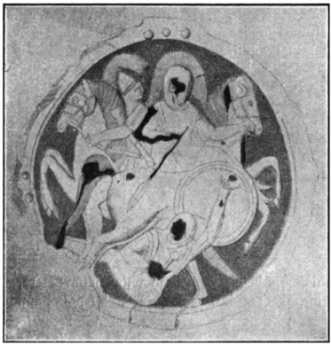 Fig. 7 a e b. Disco di corazza con figura di guerrieri combattenti dalla necropoli di Rapagnano,  disegno  riprodotto  in  Notizie  dagli  scavi  1881  e  riproduzione  fotografica  post  restauro;  cfr
