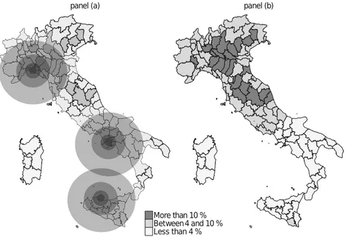 Fig. 2 Percentage of foreign-born population across Italian provinces. Year 2002 (a) and year 2009 (b)