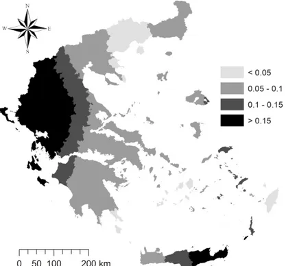 Figure 9. Absolute change in the GWR regression coefficient (local slope) during two consecutive  decades in Greece, 1981–2001