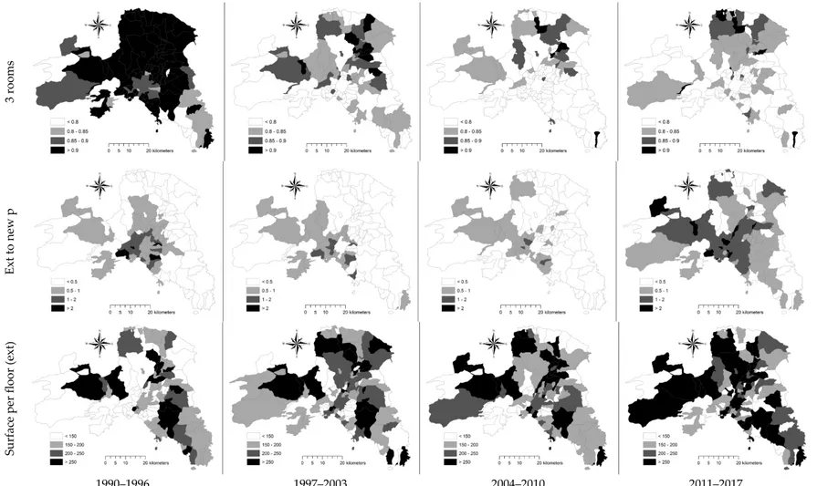 Figure 3. Spatial distribution of indicators assessing dwelling characteristics in Athens, by time interval