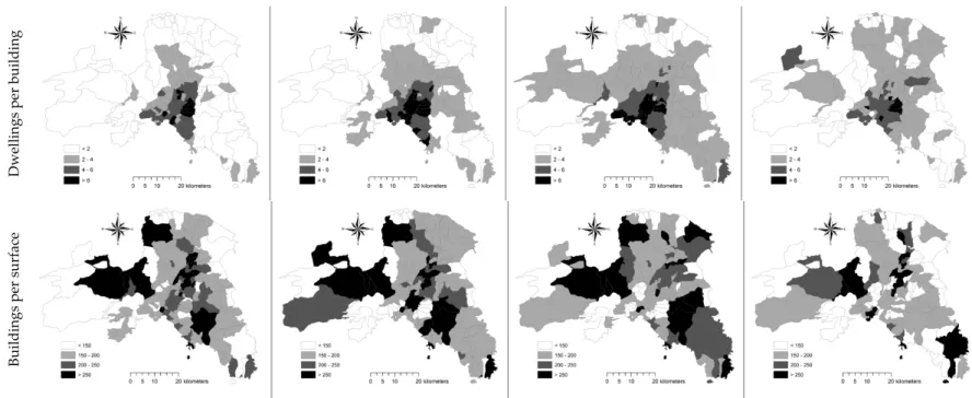 Figure 1. Spatial distribution of indicators assessing settlement characteristics in Athens, by time interval.