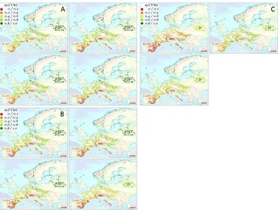 Figure 2. Spatial distribution of the mTVWI values over the time period 2000–2010. The points show  ICP Forests level I sites