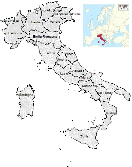 Figure 1. Map of Italy illustrating the boundaries of administrative regions (and the official  name) and municipalities (the insert indicates the geographical position of Italy within  Europe and the Mediterranean basin)