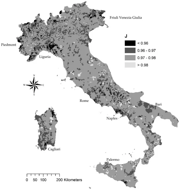 Figure 4. Spatial distribution of the Pielou J evenness index applied to population structure  by age in Italian municipalities (2017)
