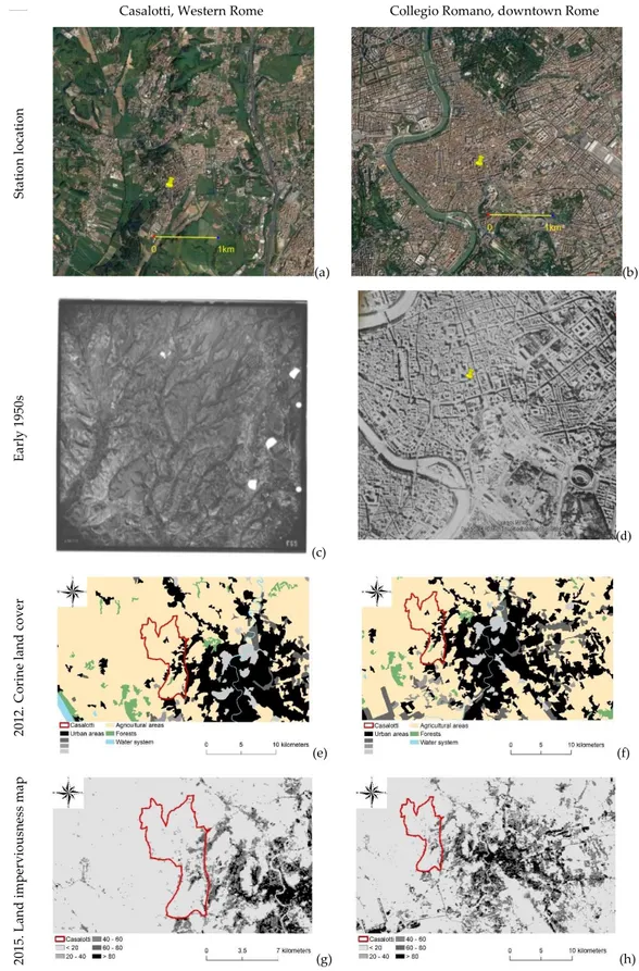 Figure 1. Maps illustrating location and basic characteristics of the two sites: Casalotti (peri-urban)  and  Collegio  Romano  (strictly  urban):  aerial  photographs  derived  from  Google  Earth  imagery  of  Casalotti (a) and Collegio Romano (b); maps 