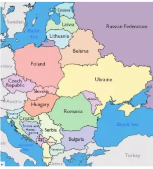 Figure 1. A basic map illustrating countries belonging to Eastern Europe (source: our elaboration on  maps presented in the website: https://www.tripsavvy.com/maps-of-eastern-europe-4123431)