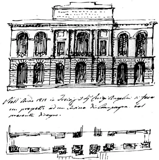 Fig. 2.  G. Valadier, Progetto per un Casino di campagna per il Sig. Luigi Angelini, 1815,  Roma, Biblioteca Nazionale Centrale; cfr