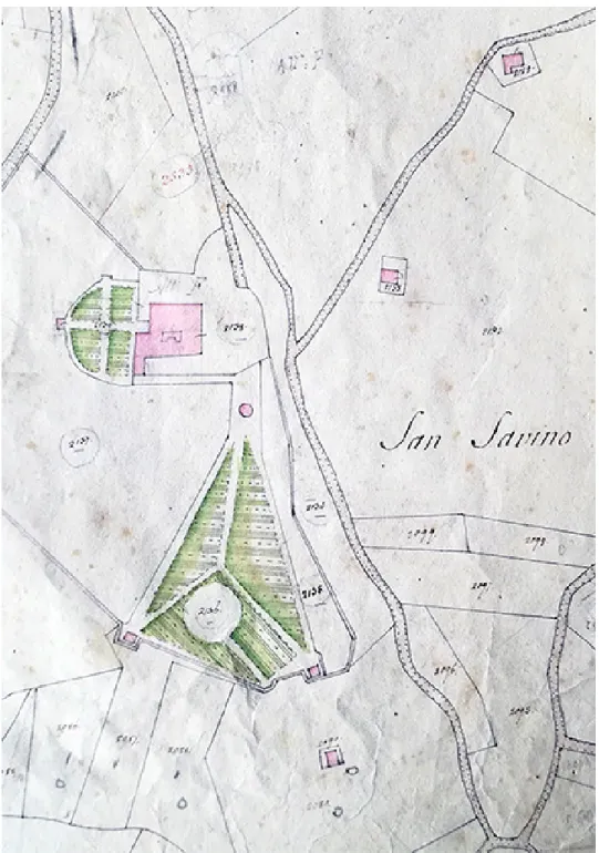 Fig. 6.  Catasto Gregoriano (1818 c.a.), tavola comune di Treia; in evidenza la planimetria  della Villa e del parco