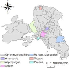 Figure 1. Municipal boundaries illustrating urban centers (and sub-centers) in Attica