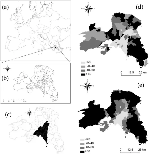 Figure 1. Municipal boundaries in the Athens metropolitan region (a), its position in Europe (b), and 