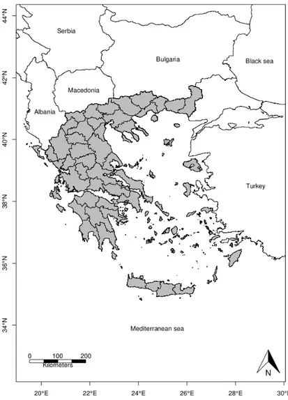 Figure 1. Study area and spatial distribution of prefectures in Greece. 