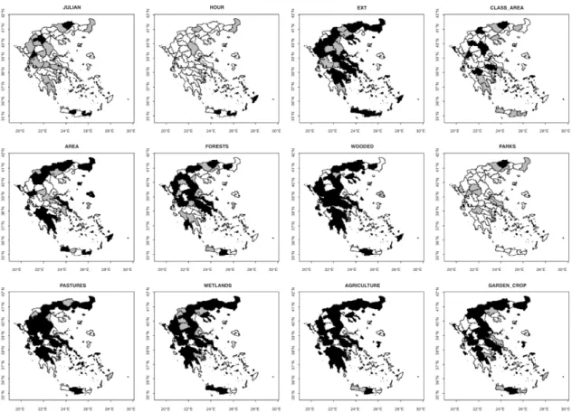 Figure 3. Variables discriminating wildfire regimes in Greek prefectures based on linear discriminant  analysis (LDA) (white, p ≥ 0.05 (nonsignificant); grey, 0.05 ≤ p ≥ 0.001 (moderately significant); black, 