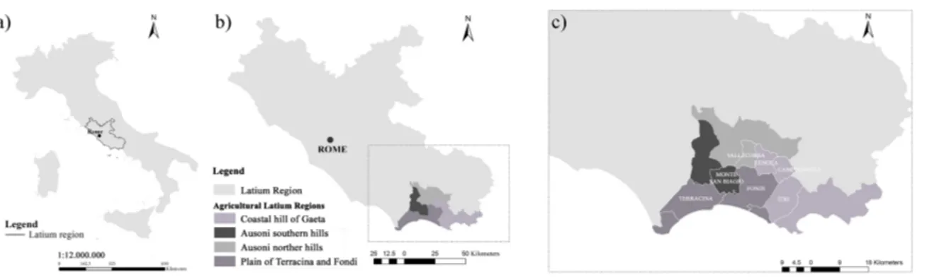 Figure 1. Geography of the study area: map of the Latium region, central Italy (a); delimitation of the  4  agricultural  districts  (b);  boundaries  of  the  7  municipalities  (c)