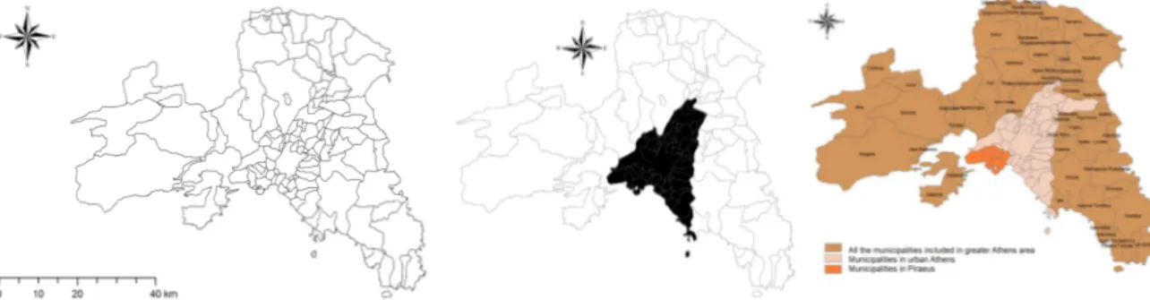 Figure 1. A map illustrating the geography of the study area: municipal boundaries of the study area  (left); municipalities classified as urban (black) and rural (center); and geographic divisions (right)