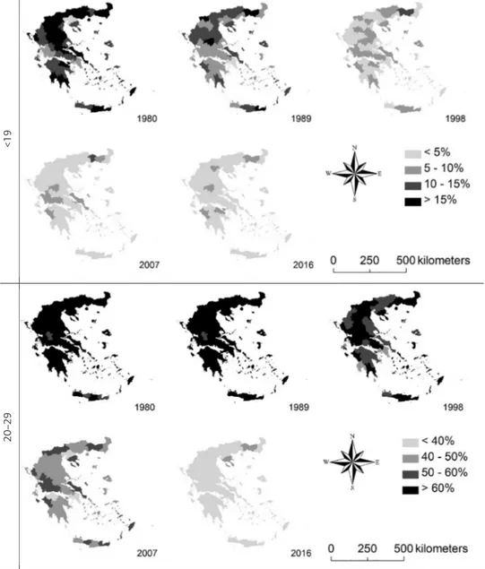 Figure 1.  Spatial distribution of the percent composition of births by mother's age  in Greek provinces