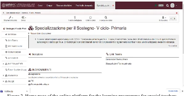 Figure 2. Home page of the online platform for the learning programme for special teachers  education at UNIMC (A.Y
