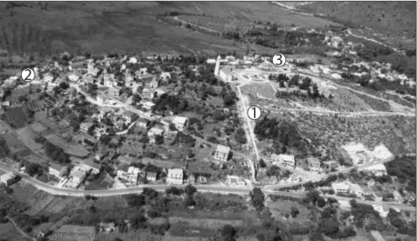 Fig. 10 – Il paese di Vid, presso Metković, visto dall’alto (1 – cinta muraria an- an-tica a nord; 2 – zona del Foro e dell’Augusteo; 3 – Casa Ereš)