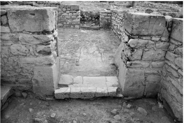 Fig. 10 - Passaggio tra il Vano 58 ed il Vano 53, sullo sfondo lo speculare ingresso al Vano 53, dal Vano 51   (© Scuola Archeologica Italiana di Atene)