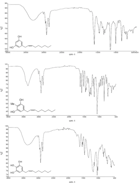 Figure 6. FTIR spectra of (top) climacostol, (middle) AN1, and (bottom) AN2. 