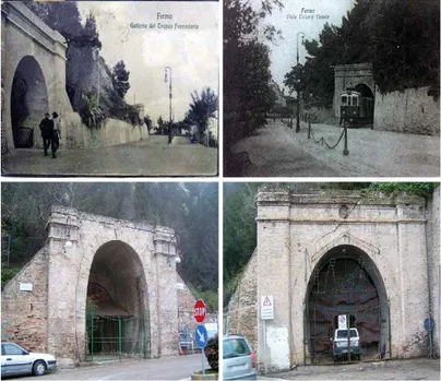 Fig. 6 La galleria  Vinci a  Fer-mo: portali  di ingresso  ed uscita.  Immagini  storiche e  stato attuale