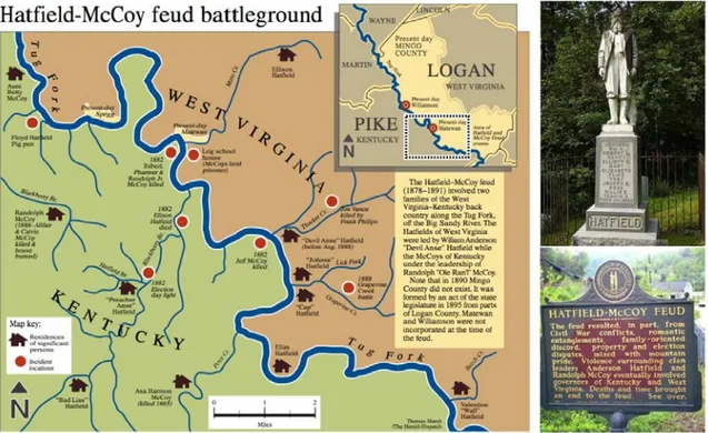 Figure	
  1:	
  Map,	
  monument	
  and	
  sign	
  showing	
  the	
  places	
  along	
  the	
  shores	
  of	
  Tug	
  Fork	
   Valley,	
  where	
  the	
  Hatfield-­‐McCoy	
  feud	
  took	
  place	
  