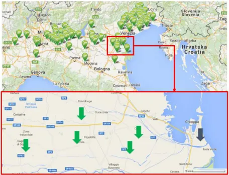 Figure 2.10. Partial map of the existing biogas plants in Italy and the related map of the 3 rd  business model