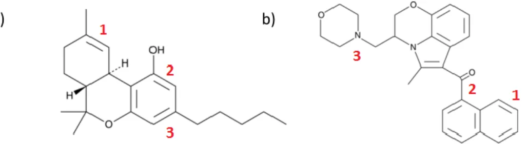 Figura 9: Strutture molecolari dei composti  9 -THC (a) e WIN 55,212-2 (b). In figura 