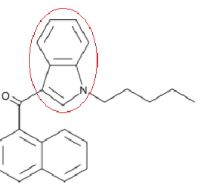 Figura  10:  Struttura  molecolare  del  cannabinoide  sintetico  JWH-018.  Nel  cerchio  è  evidenziato il gruppo indolico, da cui il nome del gruppo Aminoalchilindoli