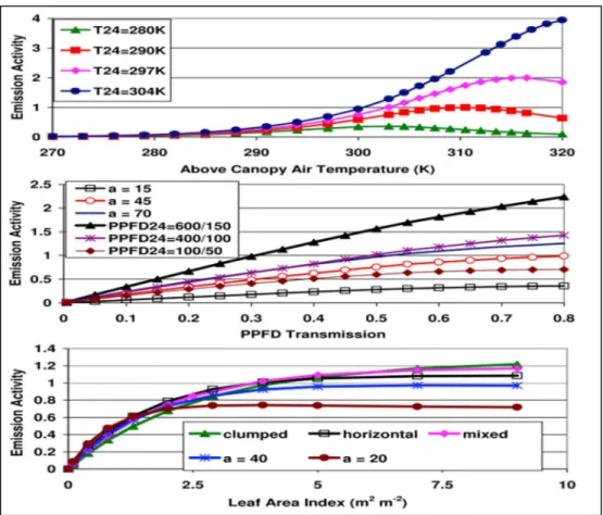 Figure  2:  Megan  estimates  of  isoprene  emission  response  to  current  temperature,  PPFD  transmission and LAI  (Guenther et al., 2006)