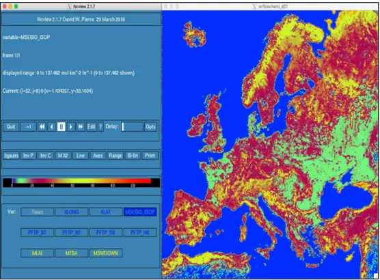 Figure  3:  WRF-Chem  biogenic  emission  data  file  example  (wrfbiochemi).  The  parameter  displayed is the amount of isoprene emisson (MSEBIO_ISOP) [mol/km 2 hr]