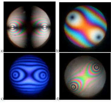 Fig. 3. 11: a) White light and plane polarization, b, d) white light and circular polarization oriented 45° c) monochromatic light  and Circular Polarizer