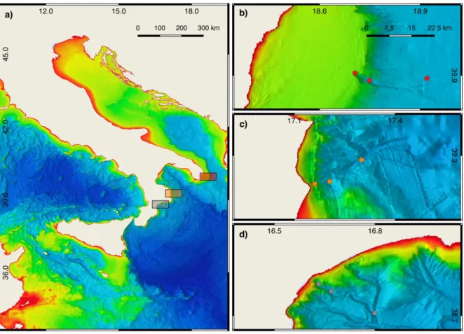 Figure  1.  Study  area  and  sampling  location  (a).  Details  of  benthic  sites  investigated  within  Tricase  (a),  Crotone  (b)  and  Squillace (c) canyons