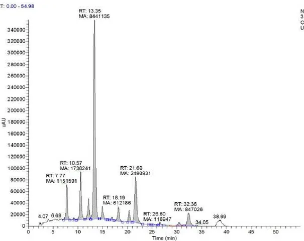 Figure 13. UV chromatogram (λ = 520 nm) of a Merlot sample wine with the identified peaks 