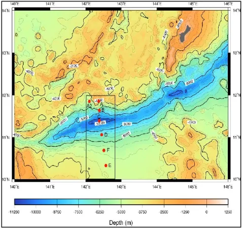 Fig. 1 Sampling area. Site A2 northern abyssal plain (5838 m); site B northern flank (7476 m);  site C Challenger Deep (10901 m); site D southern flank of the trench (6067 m); site F (5183  m) and site E (4700 m) southern abyssal plain