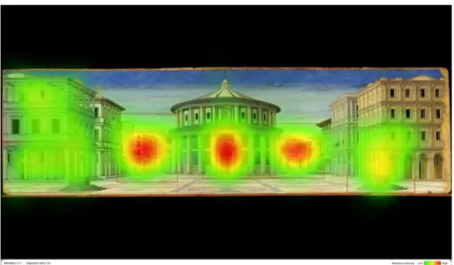 Figure 3.7: Heat map of ”The Ideal City” with 6 areas of interest Results indicate that the attention of participants was higher during Task 2