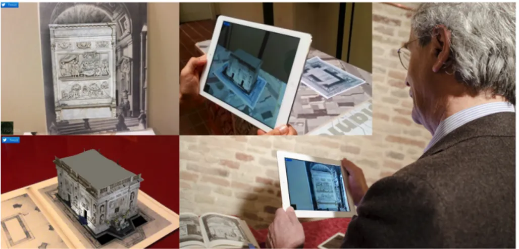 Figure 3.9: The Bramante I-Book: the application shows 3D reconstructions when the user point the related pictures and plans