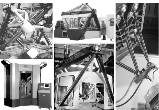 Figure 1.1: six-axis PKM machining centers. a) Variax (Giddings &amp; Lewis), b) Oc- Oc-tahedral Hexapod HOH-600 and c) VOH-1000 (Ingersoll), d) Tornado (Hexel), e) HexaM (Toyoda)