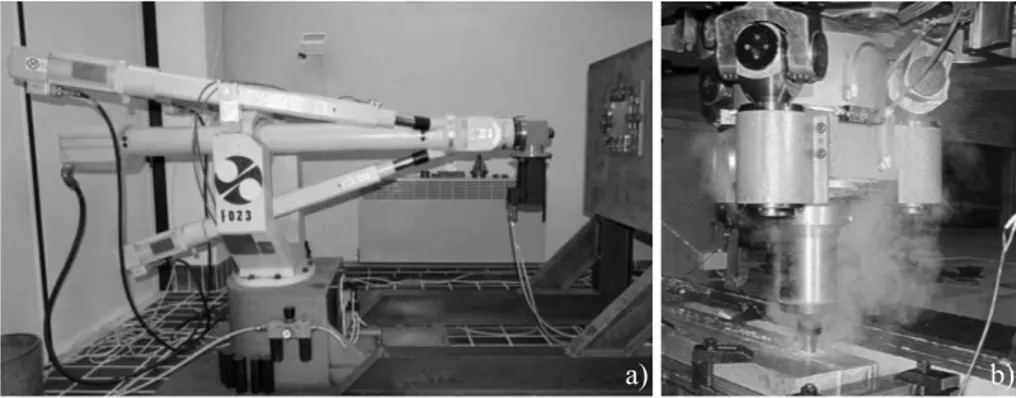 Figure 1.5: Picture and video of COMAU Tricept HP1 robot used for FSW at UnivPM a) and b) Shi’s prototype of the PKM tool head for friction stir welding