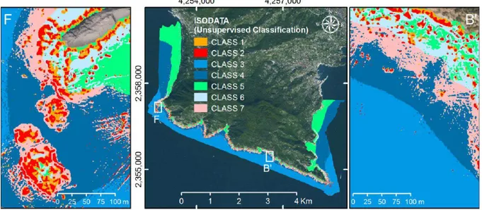 Fig.  2.  Unsupervised  classification  (ISODATA)  showing  the  main  seven  seabed  zones  in  the  study 