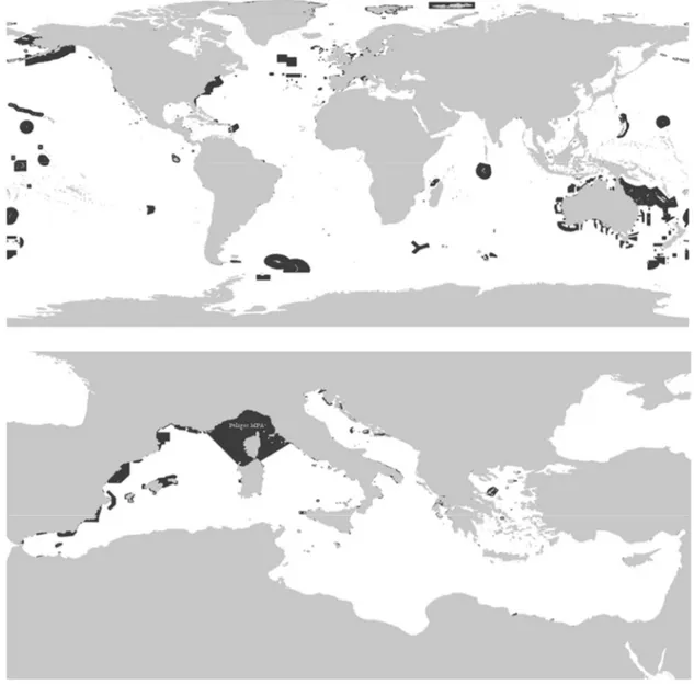 Fig. 1. Existing MPAs and LMPAs. Top: the world LMPAs (black polygons) generated by UNEP World Conservation  Monitoring  Centre  (UNEP  WCMC)  using  data  from  the  World  Database  on  Protected  Areas  (WDPA)