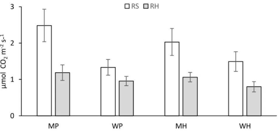 Figure 4.1. Mean annual soil respiration (RS) and soil heterotrophic respiration  (RH) in each study field