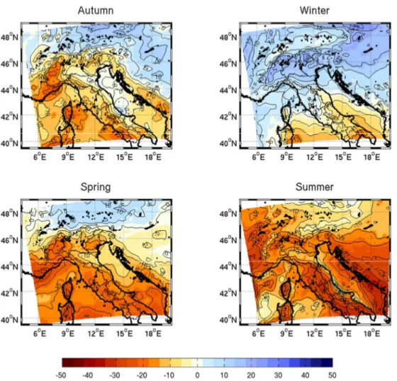 Figure 1.16. Multi-model ensemble mean seasonal precipitation (pr) change (2061-2090 minus 1961-1990)