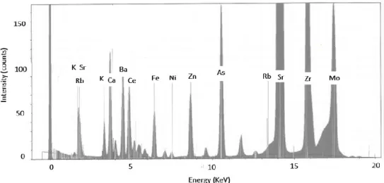 Fig. 1.3. Emission spectrum of the XRF analysis on a leached LCD sample (indium is not visible for peak  overlap with other elements)