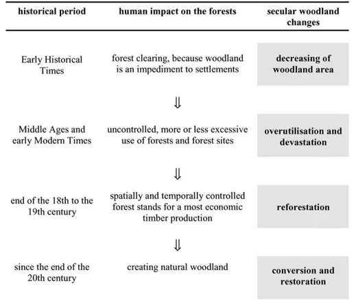 Fig. 2 - Cambiamenti passati e recenti nelle foreste in Centro-Europa (rappresentazione schematica basata su  Thomasius, 1996) (da Zerbe 2002)