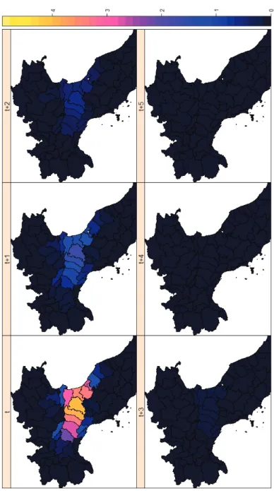 Figure 4.12: Geographical representation of the eﬀects of a unitary produc- produc-tivity shock in NUTS3 in Emilia Romagna
