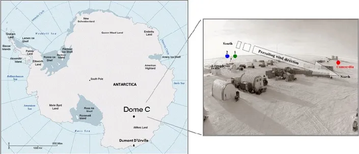 Figure 2. Map of Antarctica showing the location of Dome C (Concordia Station) and a picture showing the 