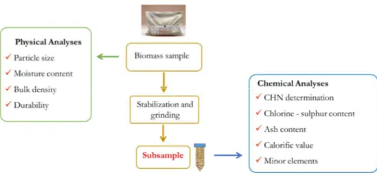 Figure 2-2: workflow of laboratory analyses for the control of biomass quality. Physical analyses are performed on the  biomass sample as received at the lab and chemical analyses on the stabilized and ground material