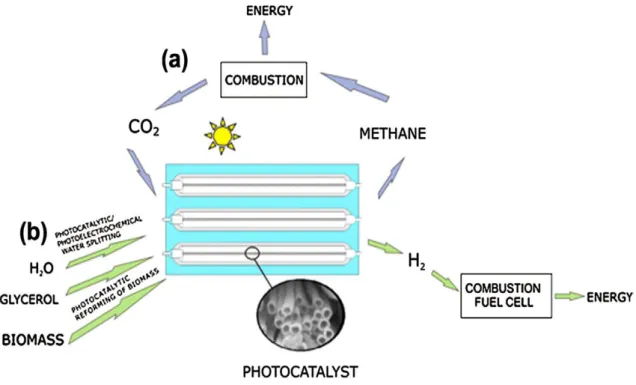 Figure 1.8 The depiction of integrated solar systems where sunlight is used: (a) to convert CO 2  and 